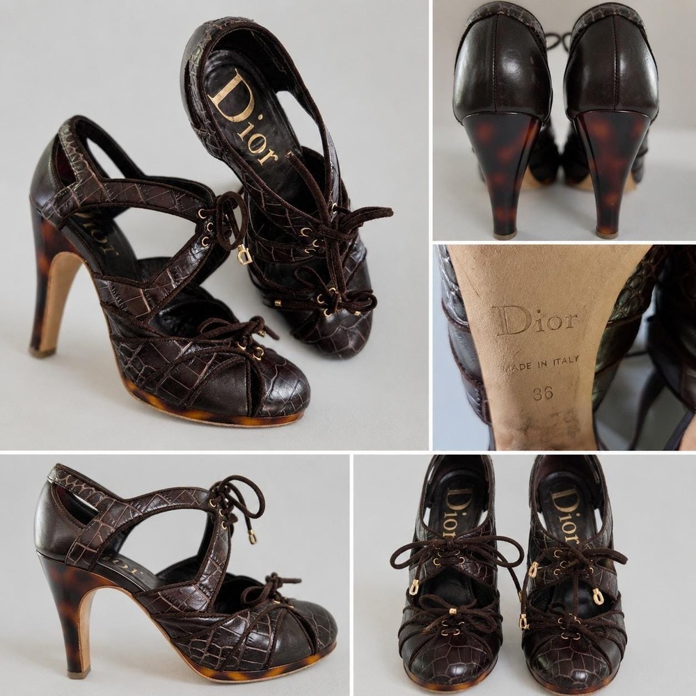 Dior Brown Croc Embossed Leather Lace Up Heels Tortoiseshell Stiletto Size 36